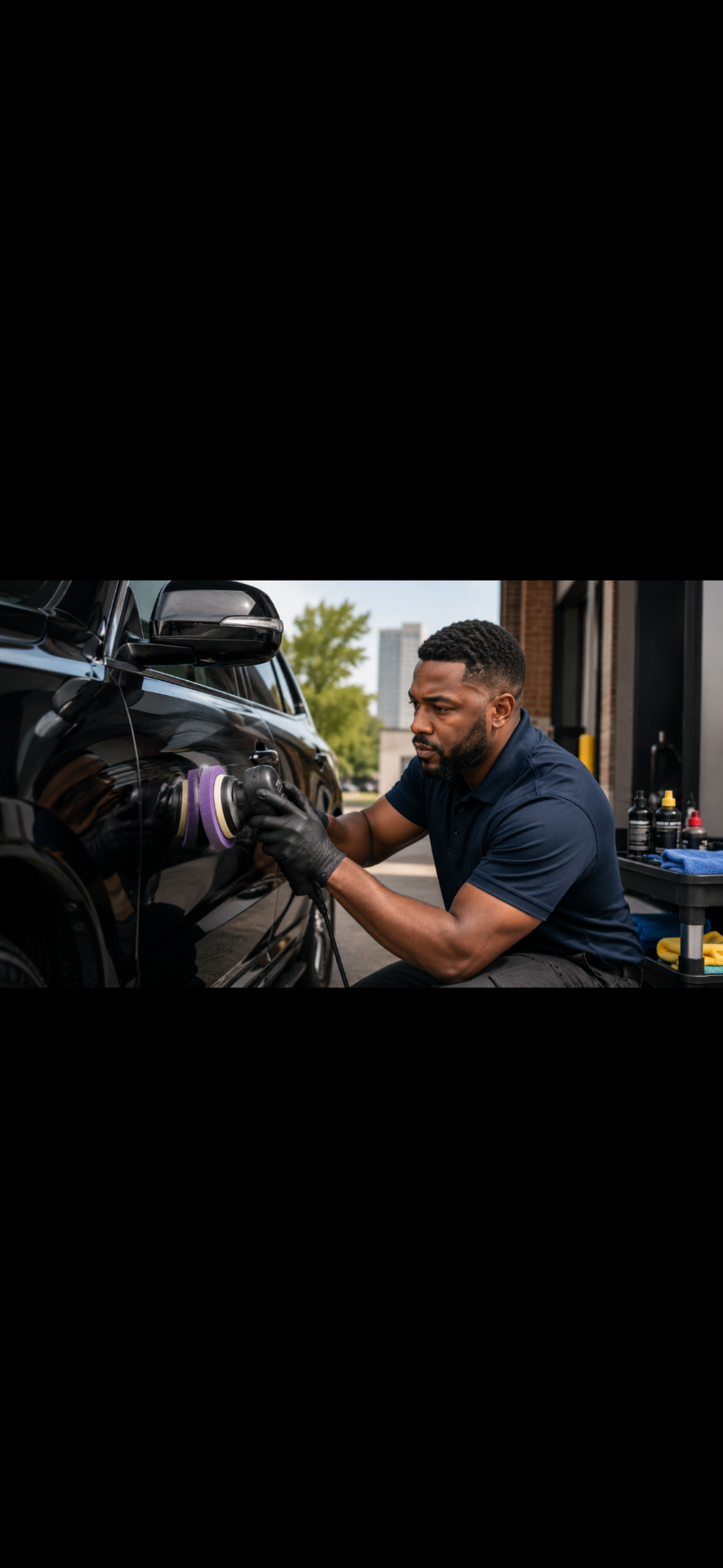 Detailer polishing black SUV